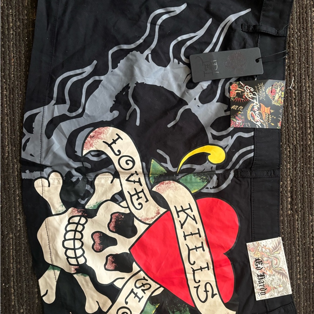 Ed Hardy Black Graphic Shorts with Red Heart